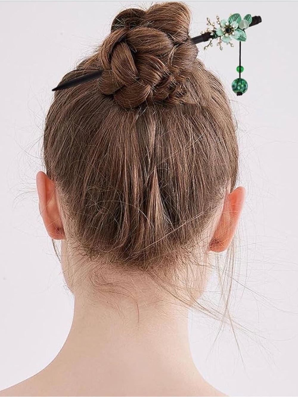 Green Floral Beaded Hair Stick for Women - Decorative Bun Accessory